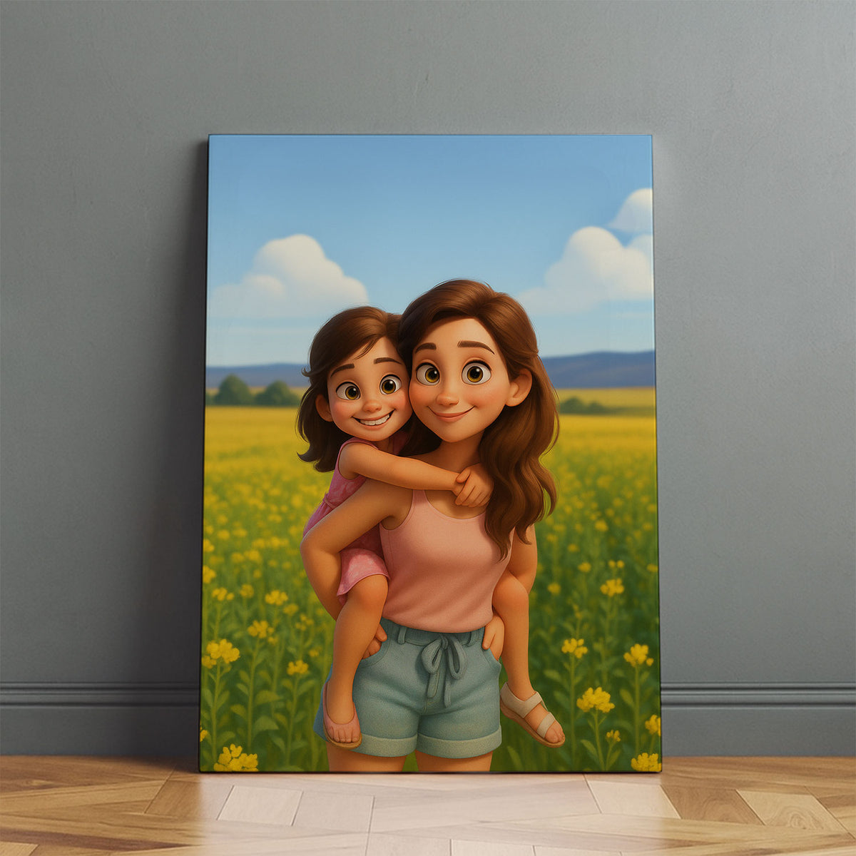 Heartwarming Mother-Daughter Portrait in Vibrant Cartoon Style | Perfect Wall Art for Family Spaces
 - 5