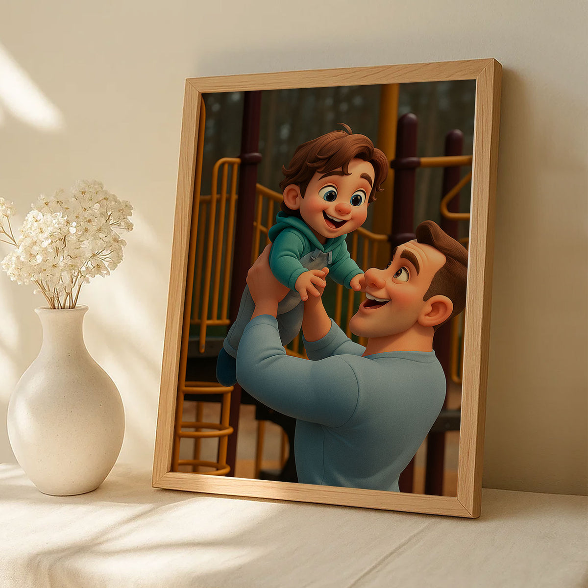 Heartwarming Father-Son Bond: Colorful Cartoon Art Print Celebrating Family Joy
 - 5