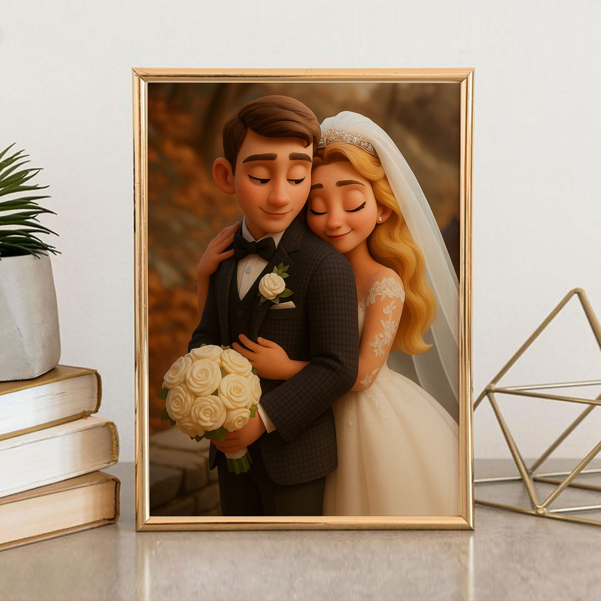 Charming Cartoon Couple Wedding Portrait: Enchanting Animated Style for Your Home Decor
 - 5