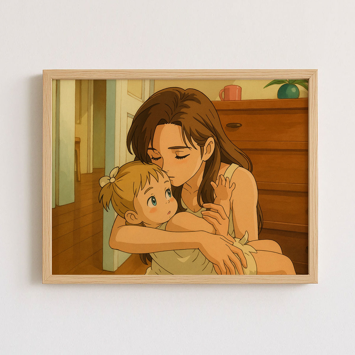 Heartwarming Illustration of a Mother Embracing Her Baby - Cozy Home Decor Art Print in Smooth Cartoon Style
 - 5