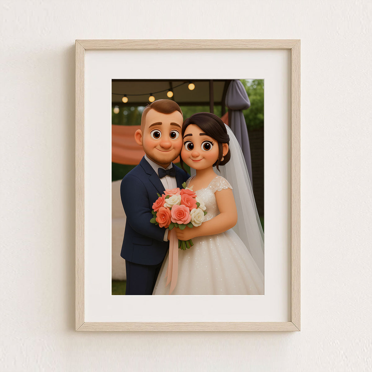 Whimsical Cartoon Wedding Portrait of Happy Couple in Nature - Perfect for Celebrating Love and Special Days
 - 5