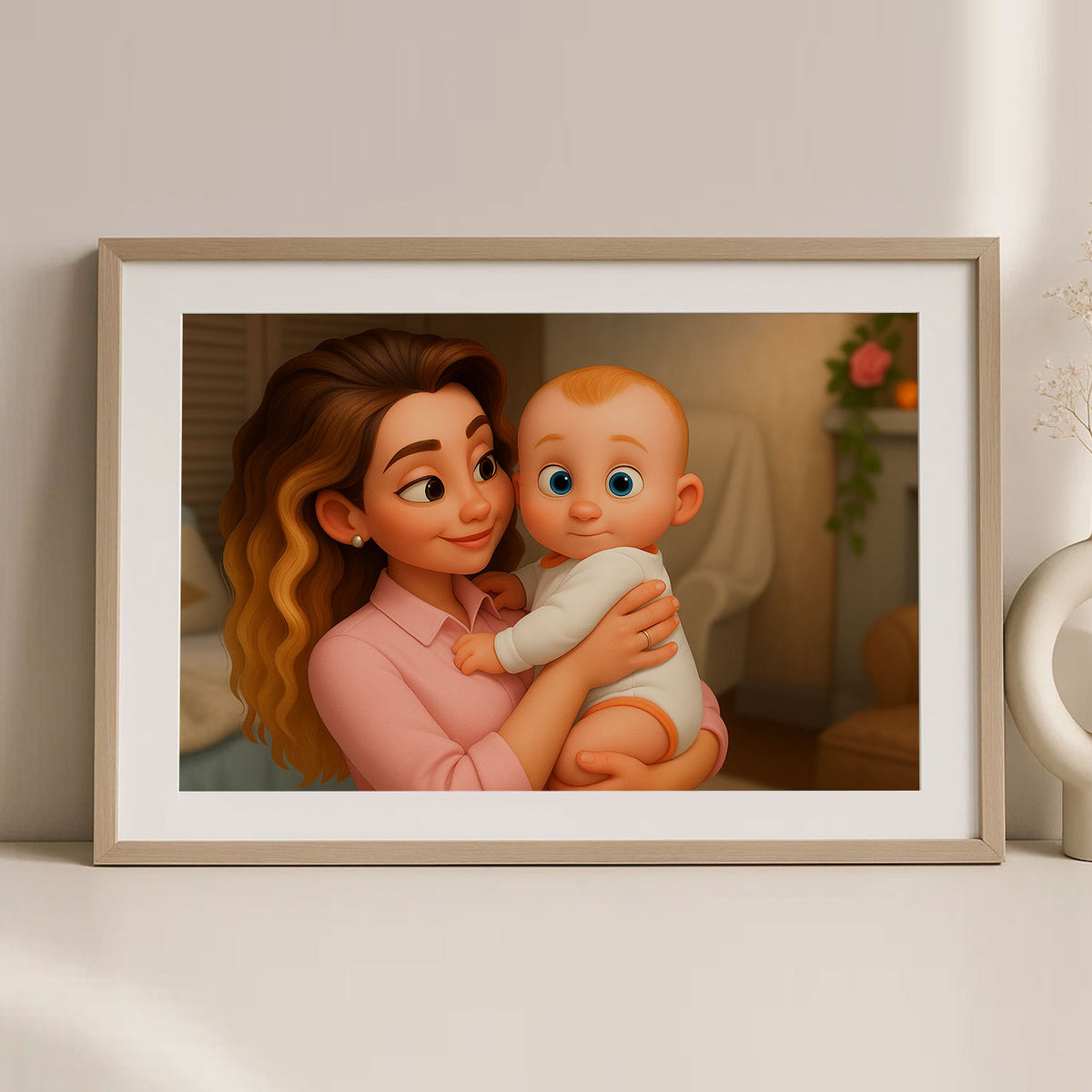 Charming Cartoon Art Print of a Loving Mother and Baby - Heartwarming Home Decor for Family Spaces
 - 5