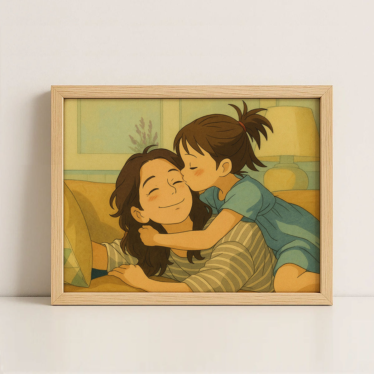 Heartwarming Mother-Daughter Bond: Cozy Cartoon Art Print for Family Love Decor
 - 4
