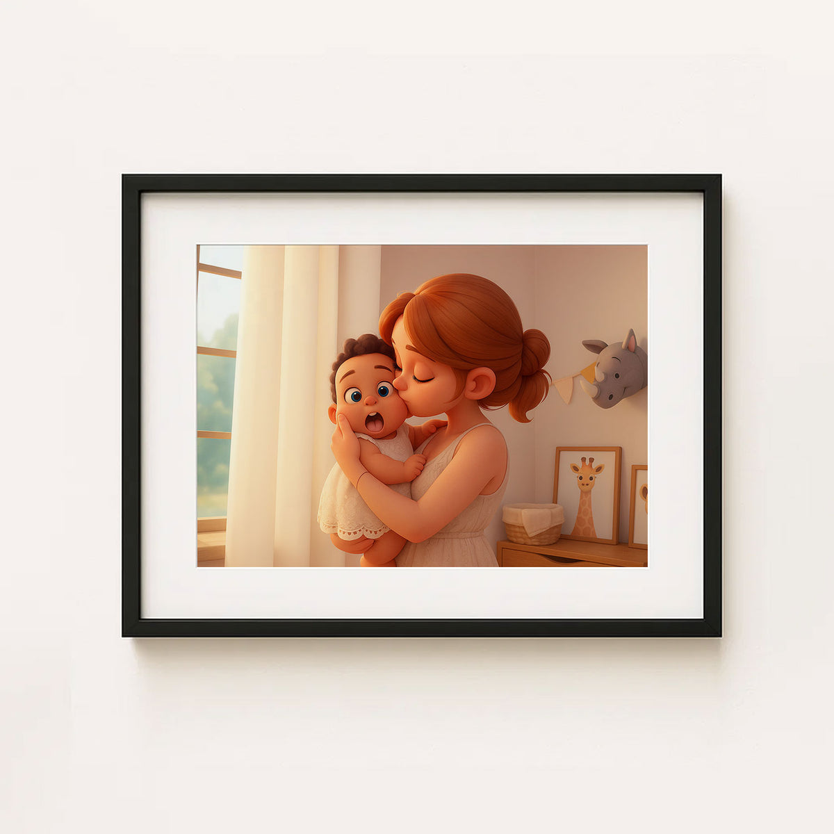 Heartwarming Illustrated Print of a Mother Kissing Her Baby – Charming Cartoon Style for Nursery Décor and Gift Ideas
 - 4