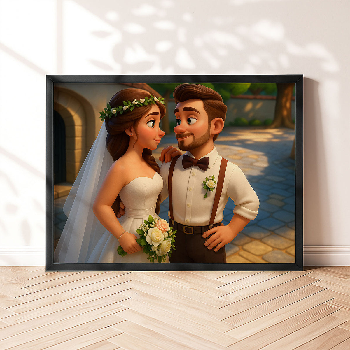 Charming Animated Wedding Portrait: Romantic Couple in Lush Greenery
 - 5