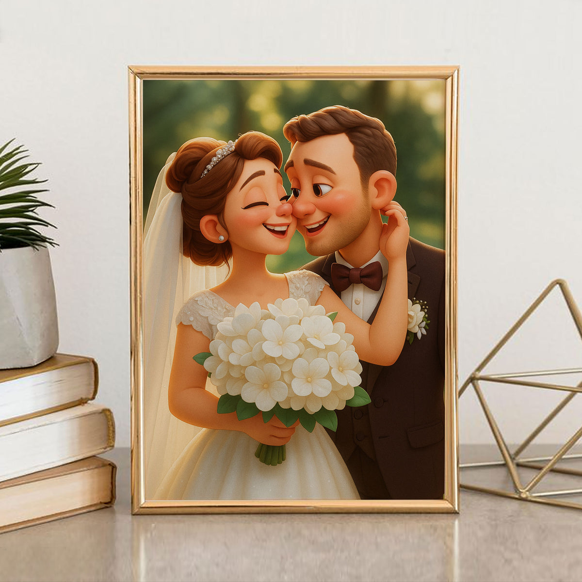 Whimsical Wedding Portrait: Enchanting Couple in Romantic Animation Style with Floral Bouquet
 - 5
