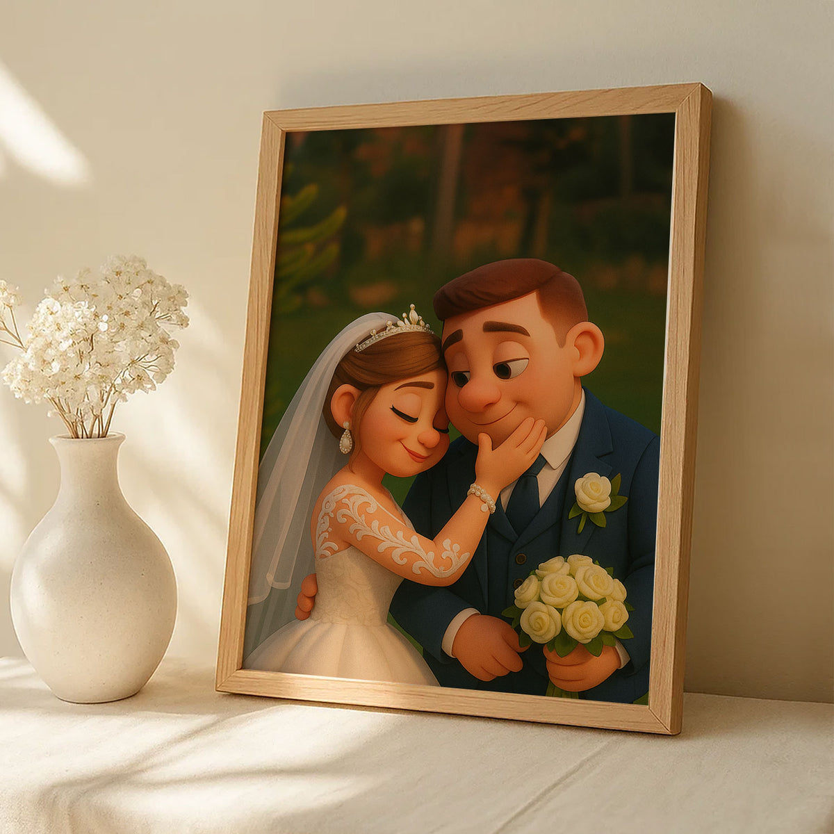 Charming Cartoon Wedding Portrait: Celebrate Love with Whimsical Art Style for Your Home Decor
 - 5