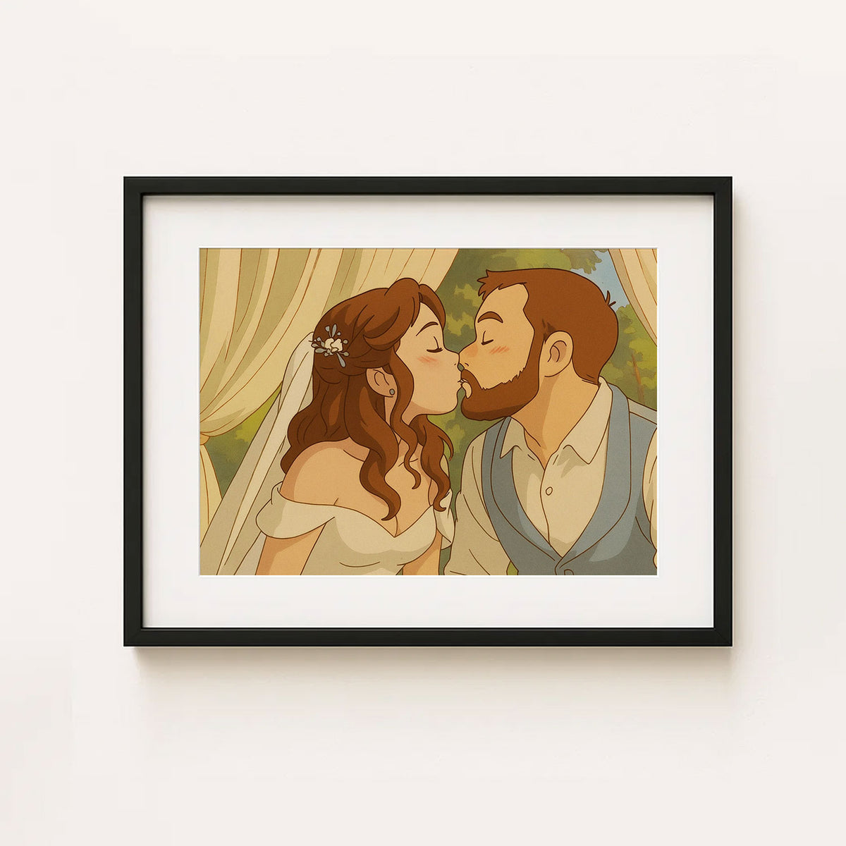 Romantic Wedding Kiss Art Print: Whimsical Couple Embrace in Soft Pastels - Perfect for Home Decor
 - 5