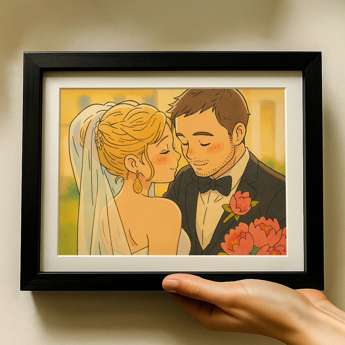 Charming Wedding Portrait Art Print | Romantic Couple in Vibrant Illustration Style
 - 4