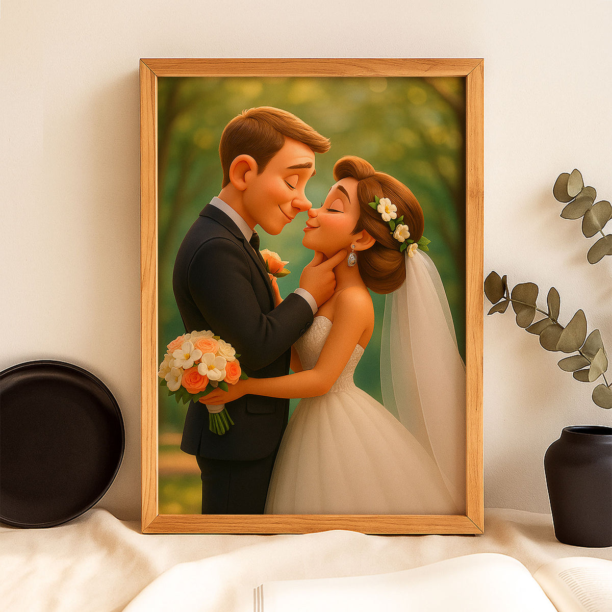 Custom Cartoon Couple Portrait: Romantic Wedding Theme in Vibrant Animated Style
 - 5