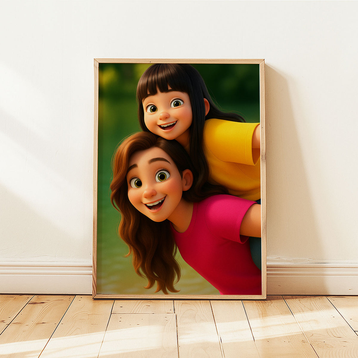 Charming Mother-Daughter Portrait in Vibrant Cartoon Style - Perfect Home Décor for Family Lovers
 - 5