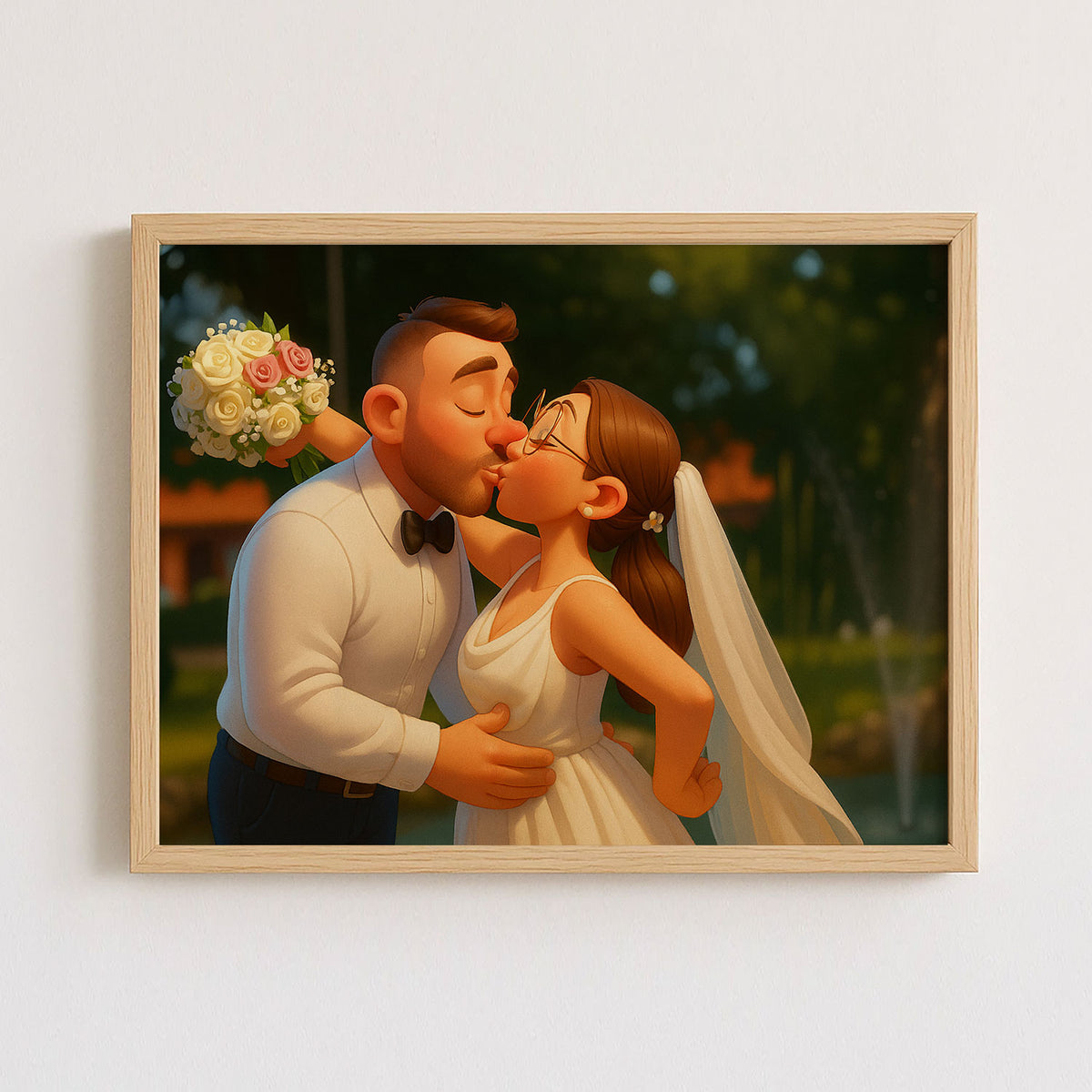 Charming Cartoon Wedding Portrait of a Happy Couple with Bouquet in Bright Colors
 - 6