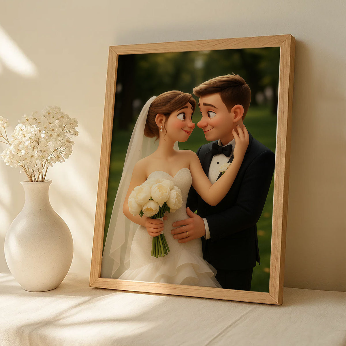 Charming Animated Wedding Portrait: Bride and Groom Embrace in Whimsical Art Style
 - 6