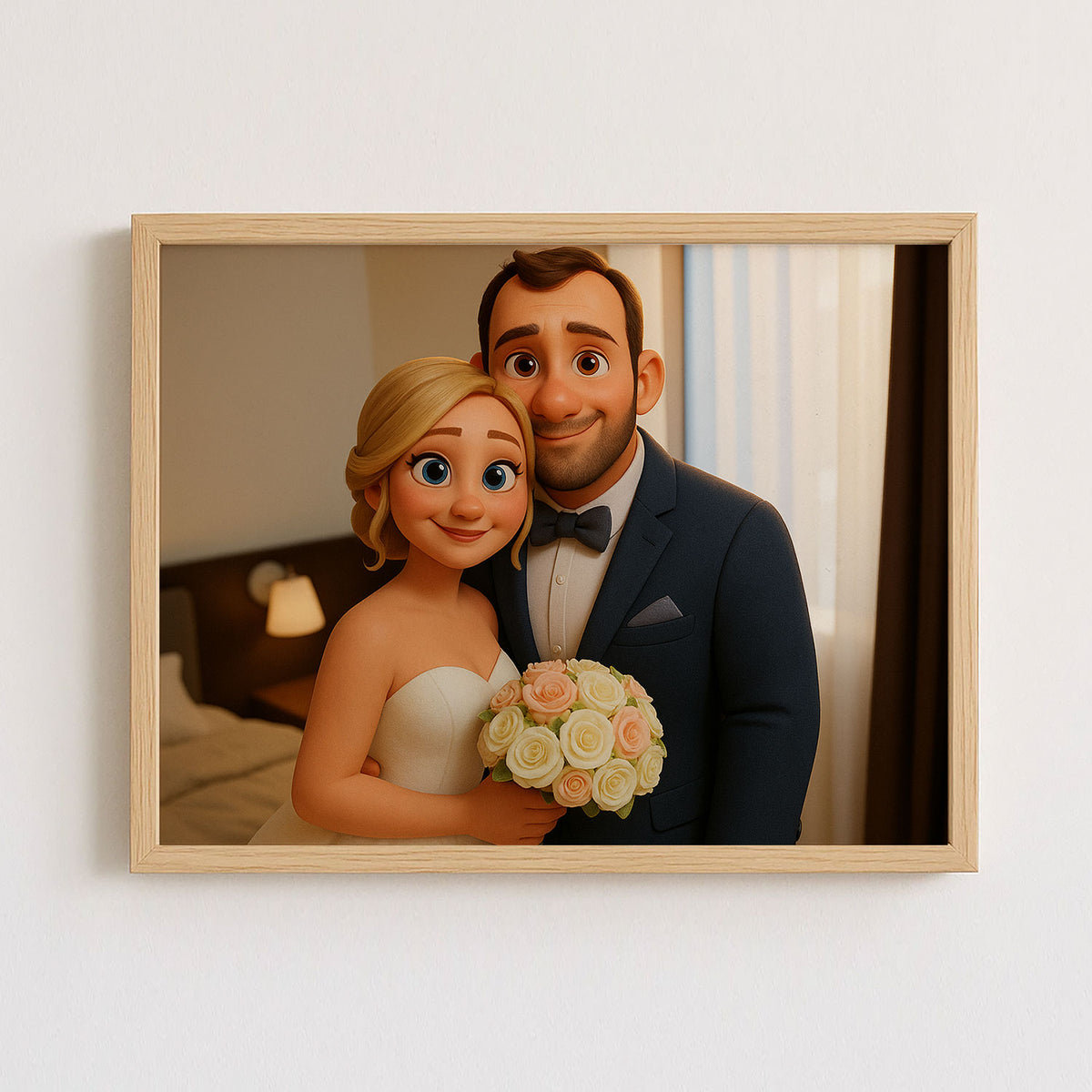 Charming Animated Wedding Portrait: Joyful Bride and Groom in Whimsical Illustration Style
 - 6