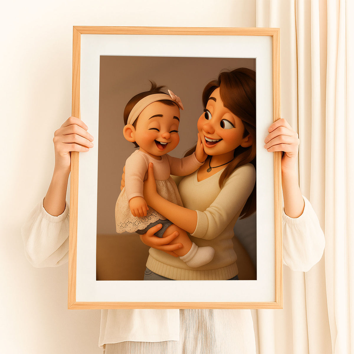 Heartwarming Cartoon Art Print of a Mother Joyfully Interacting with Her Baby in a Cozy Home Setting - Perfect for Nurseries and Family Spaces
 - 6