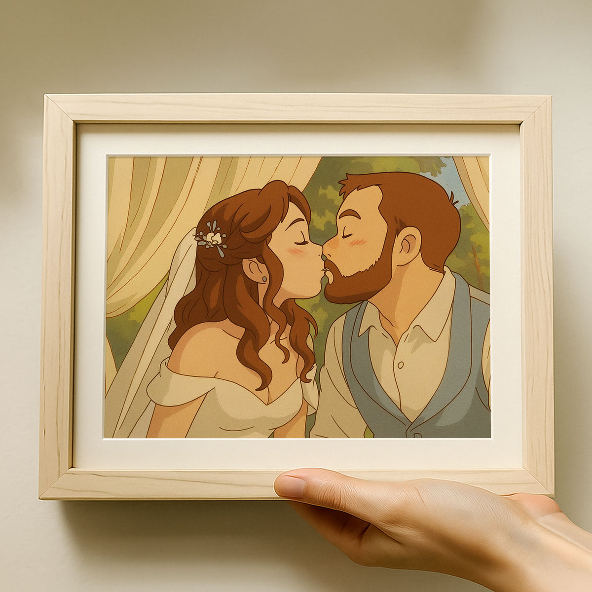 Romantic Cartoon Wedding Kiss Art Print - Elegant Couple Illustration for Home Décor
 - 6