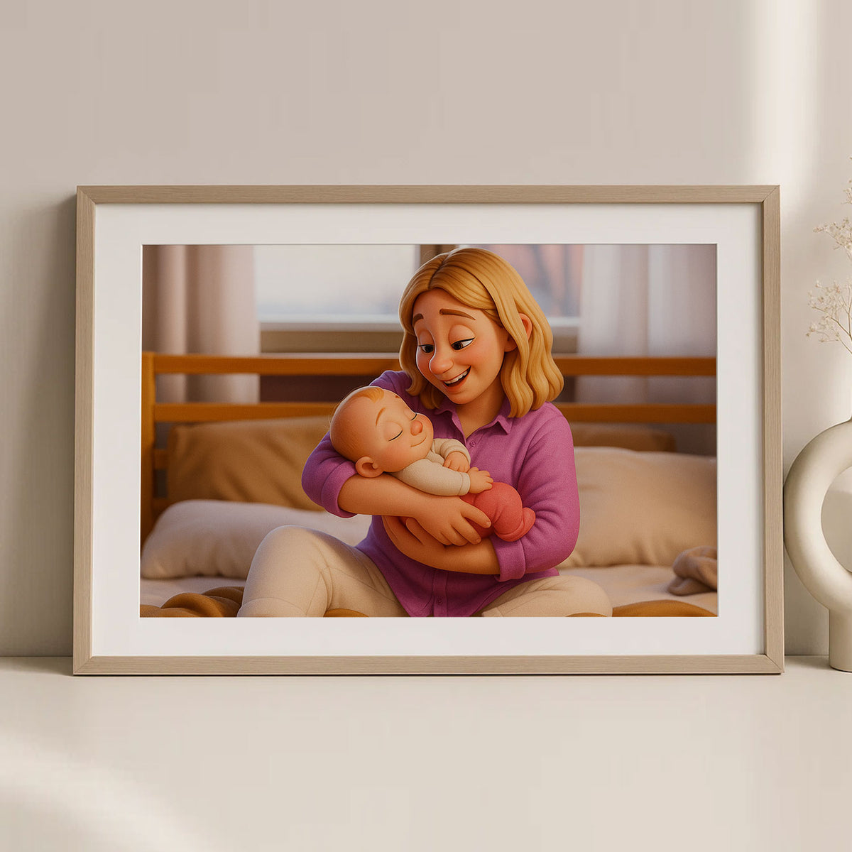Adorable Cartoon Mom and Baby Art Print: Celebrate Love and Bonding in a Cozy Home Setting!
 - 6