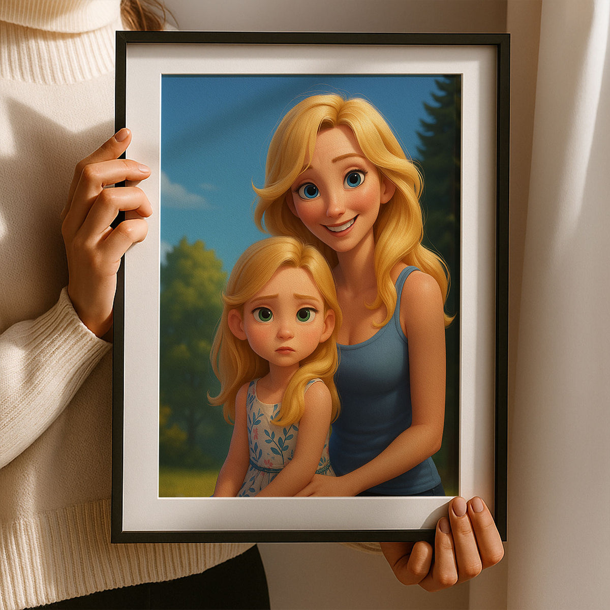 Charming Mother-Daughter Portrait in Vibrant Cartoon Style - Perfect Home Décor for Family Lovers
 - 6