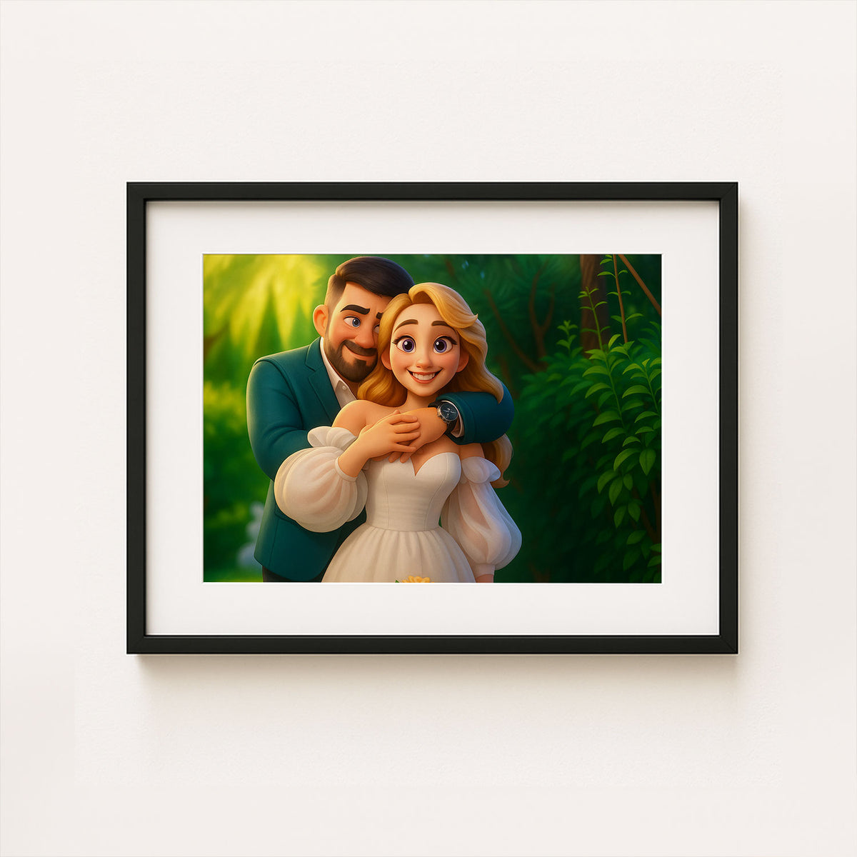 Charming Animated Wedding Portrait: Romantic Couple in Lush Greenery
 - 6
