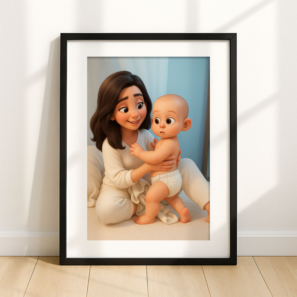 Beautiful Cartoon Art Print of a Loving Mom Embracing Her Baby – Perfect for Nursery Decor and Family Love Inspiration
 - 6