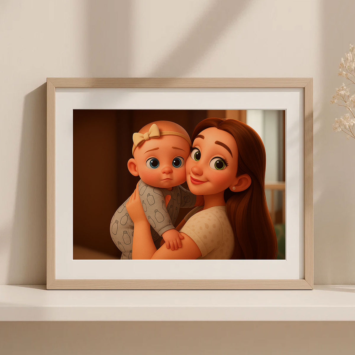 Heartwarming Mother and Baby Illustration: Adorable Family Portrait in Vibrant Cartoon Style, Perfect for Home Decor and Gifts
 - 6