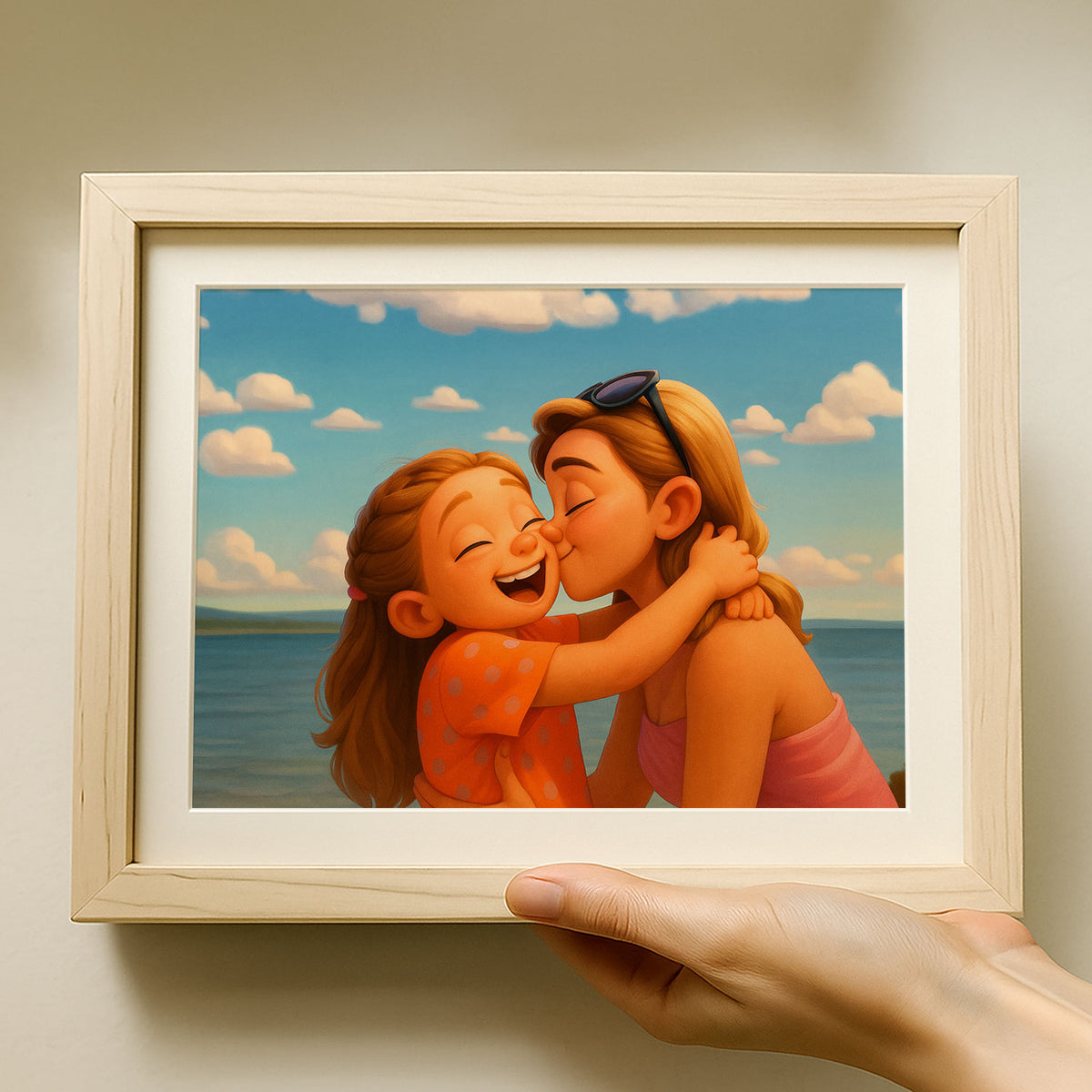 Heartwarming Cartoon Painting of a Girl and Her Mother Embracing on the Beach – Perfect Gift for Family Love
 - 6