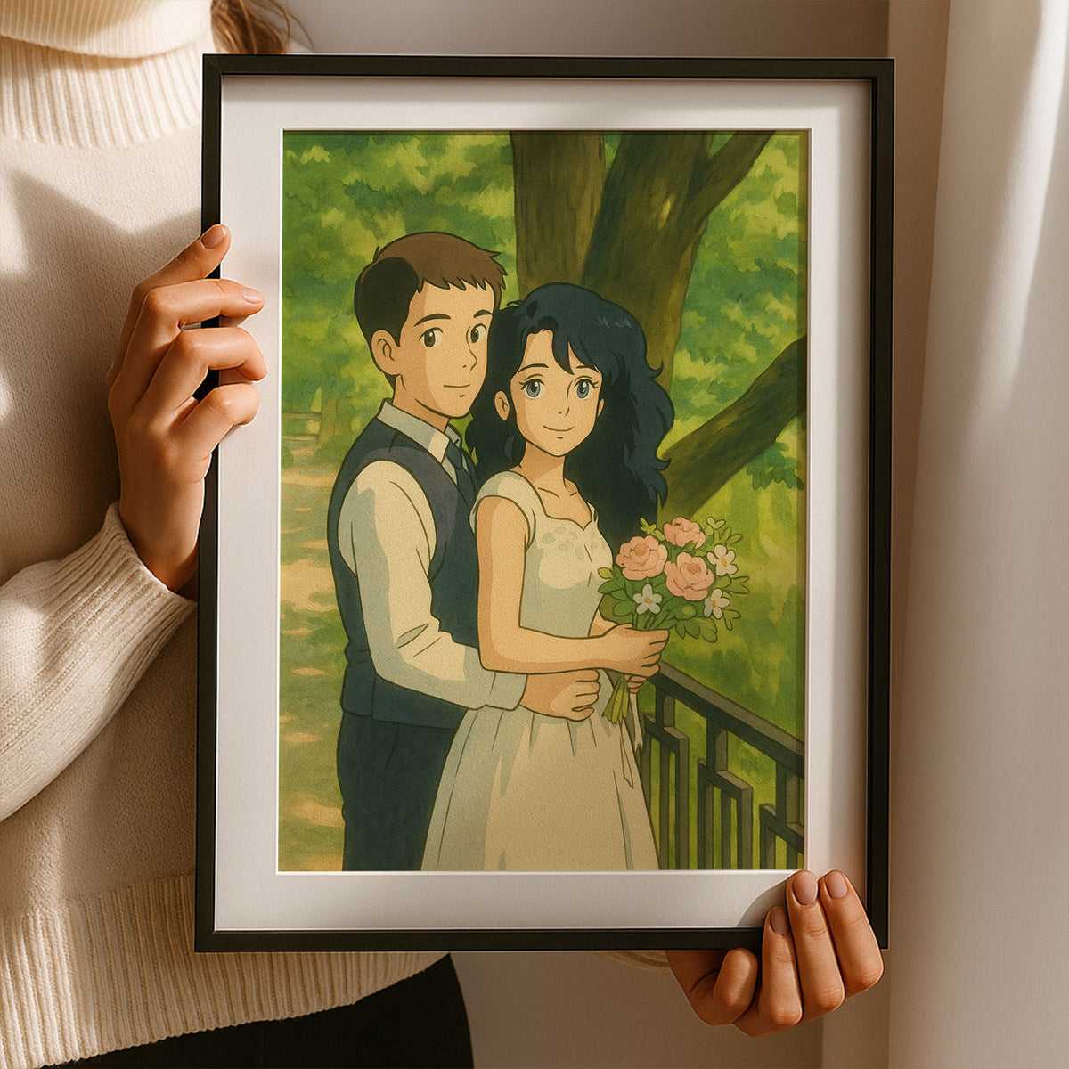 Charming Anime Wedding Portrait – Romantic Couple in Nature, Perfect for Home Decor
 - 6