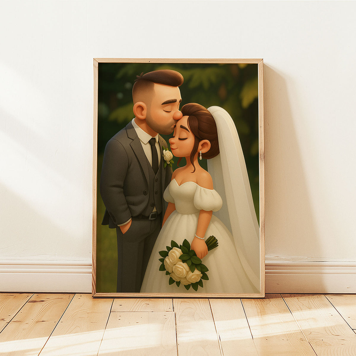 Charming Cartoon Wedding Art: Whimsical Illustration of Bride and Groom in Floral Setting
 - 6