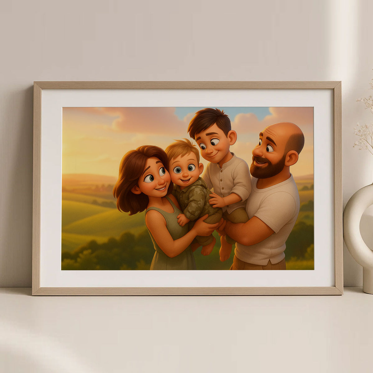 Charming Family Portrait Art: Whimsical Cartoon Style with Happy Kids and Loving Parents
 - 6