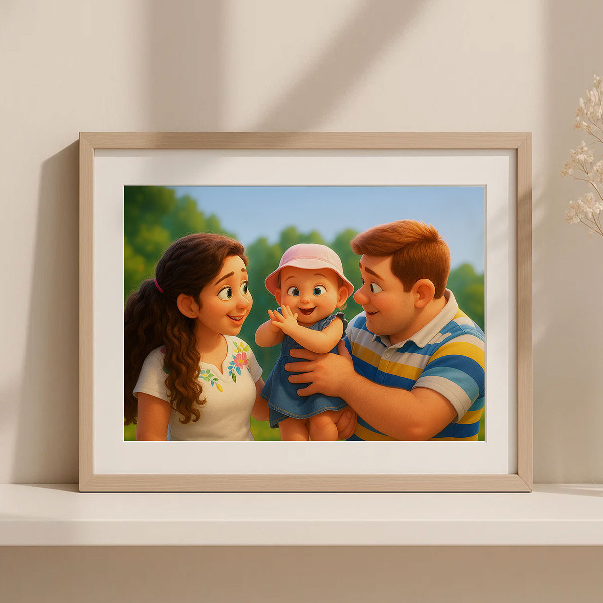 Charming Family Portrait: Heartwarming Cartoon Art Featuring Joyful Parents and Baby
 - 5