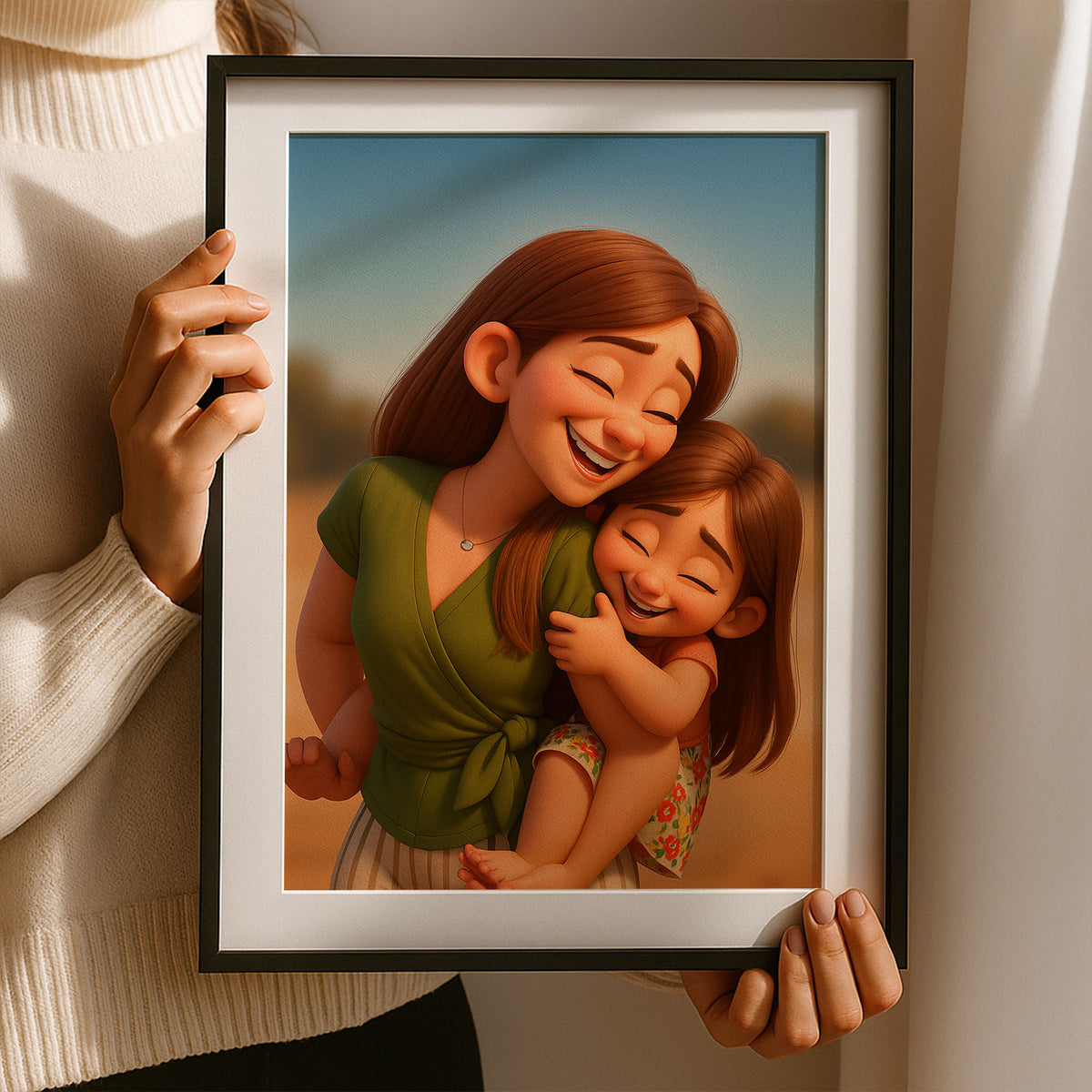 Charming Cartoon Family Portrait of Mother and Daughter Embracing in Joyful Moment
 - 6