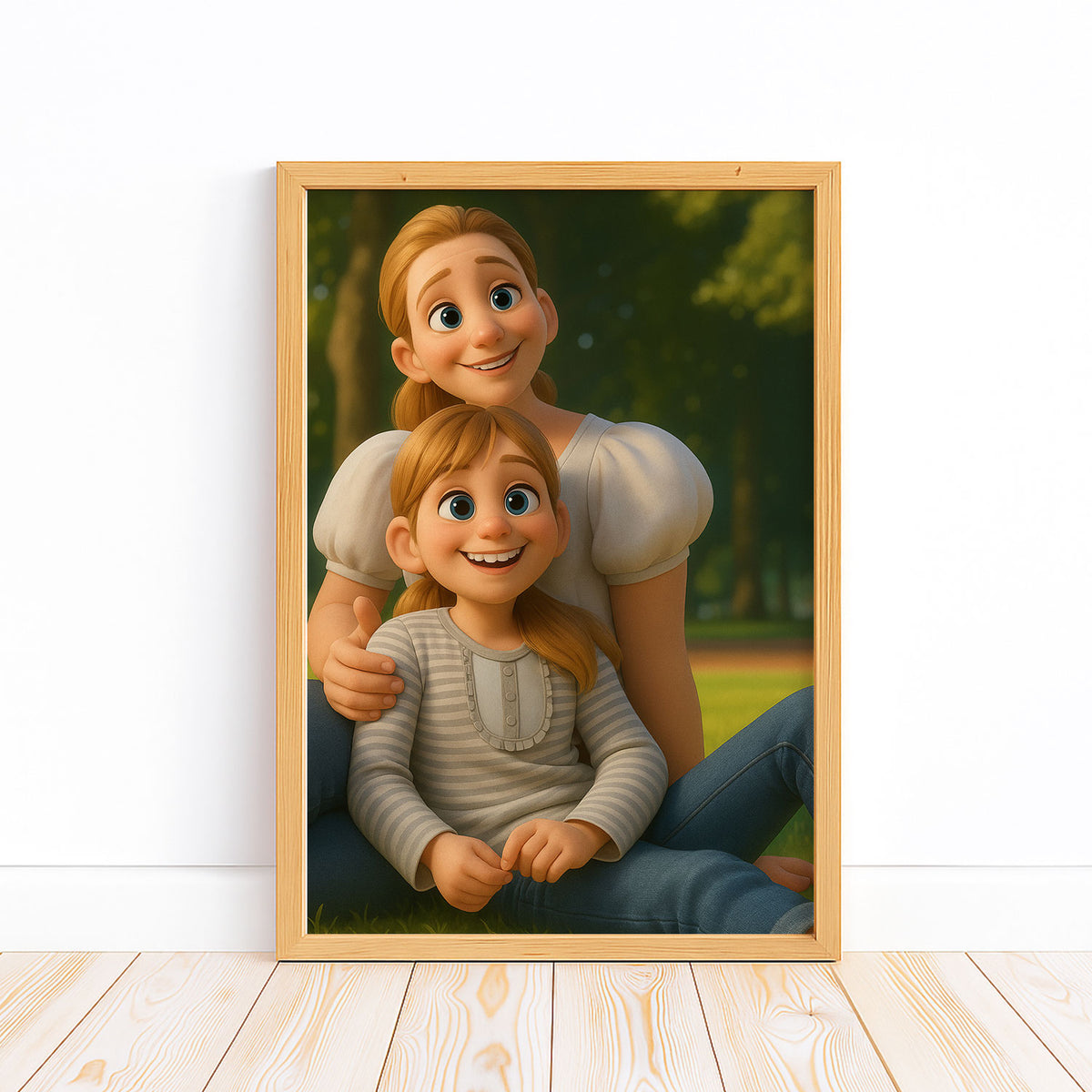 Charming Mother-Daughter Cartoon Art Print: Whimsical Illustration for Family Decor
 - 6