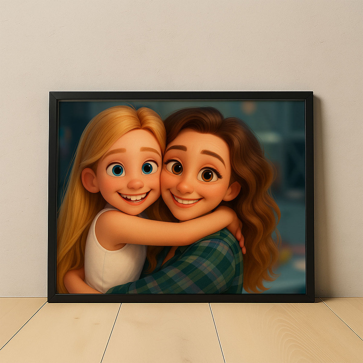 Charming Cartoon Portrait of Two Sisters Embracing: A Heartwarming Art Print for Family Love
 - 6