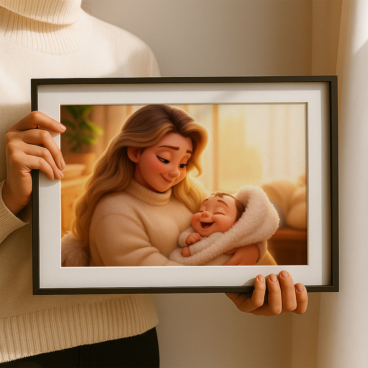 Heartwarming Cartoon Illustration of Mother and Baby Embracing – Perfect Wall Art for Family Love and Joy in Your Home
 - 6