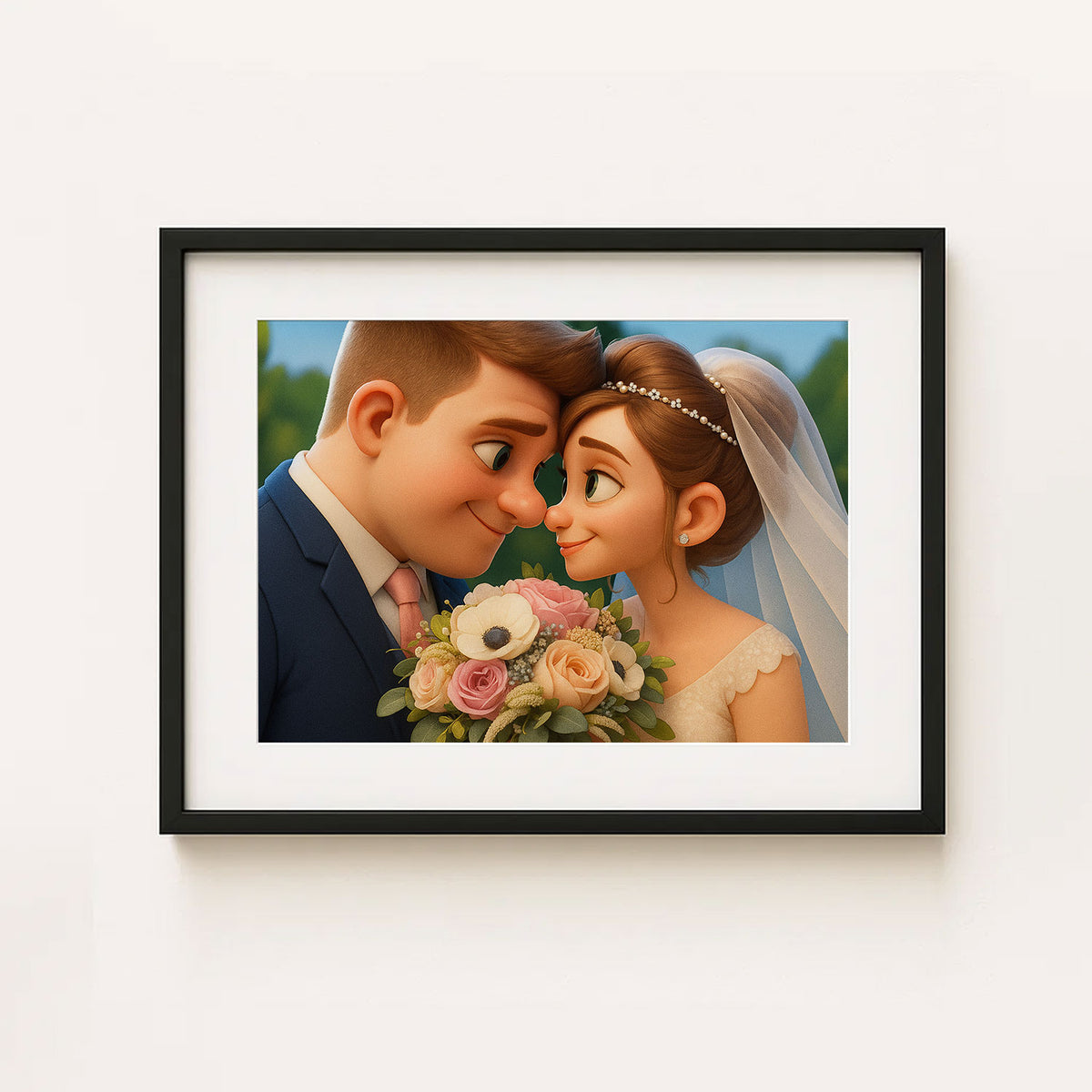 Charming Cartoon Couple Kissing: Romantic Art Print for Lovebirds and Wedding Decor
 - 5