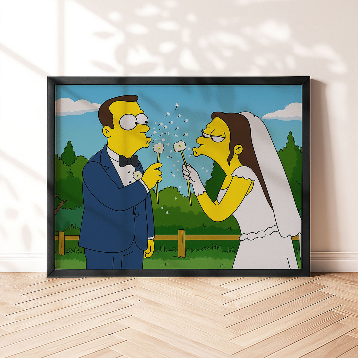 Charming Simpsons Wedding Art Print: Homer and Marge Celebrate Love in Vibrant Cartoon Style
 - 6