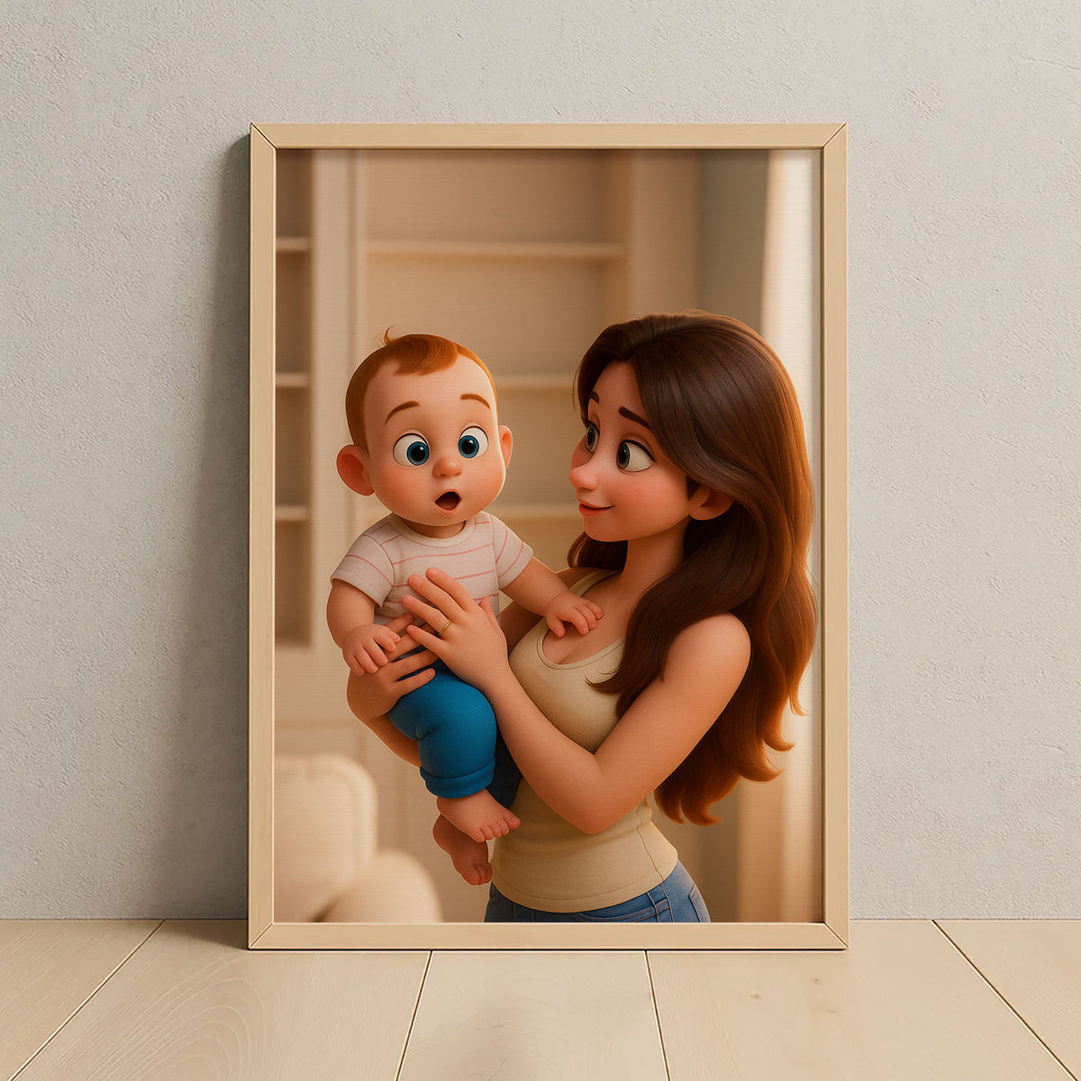 Heartwarming Cartoon Illustration of a Mother and Baby Sharing Joyful Moments – Ideal for Nursery Decor and Family Art
 - 6