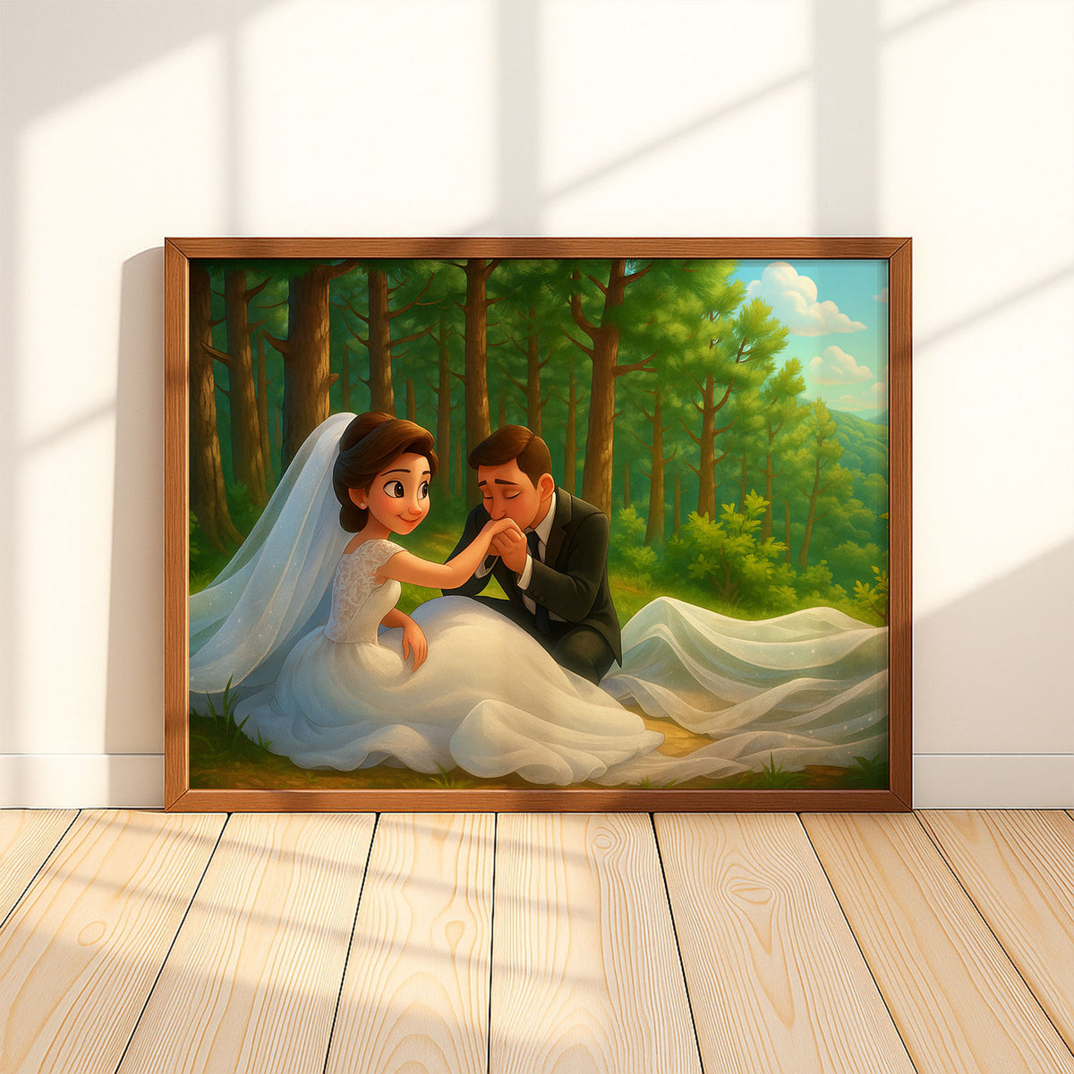 Whimsical Disney-Inspired Wedding Art Print of Loving Couple in Romantic Setting
 - 6