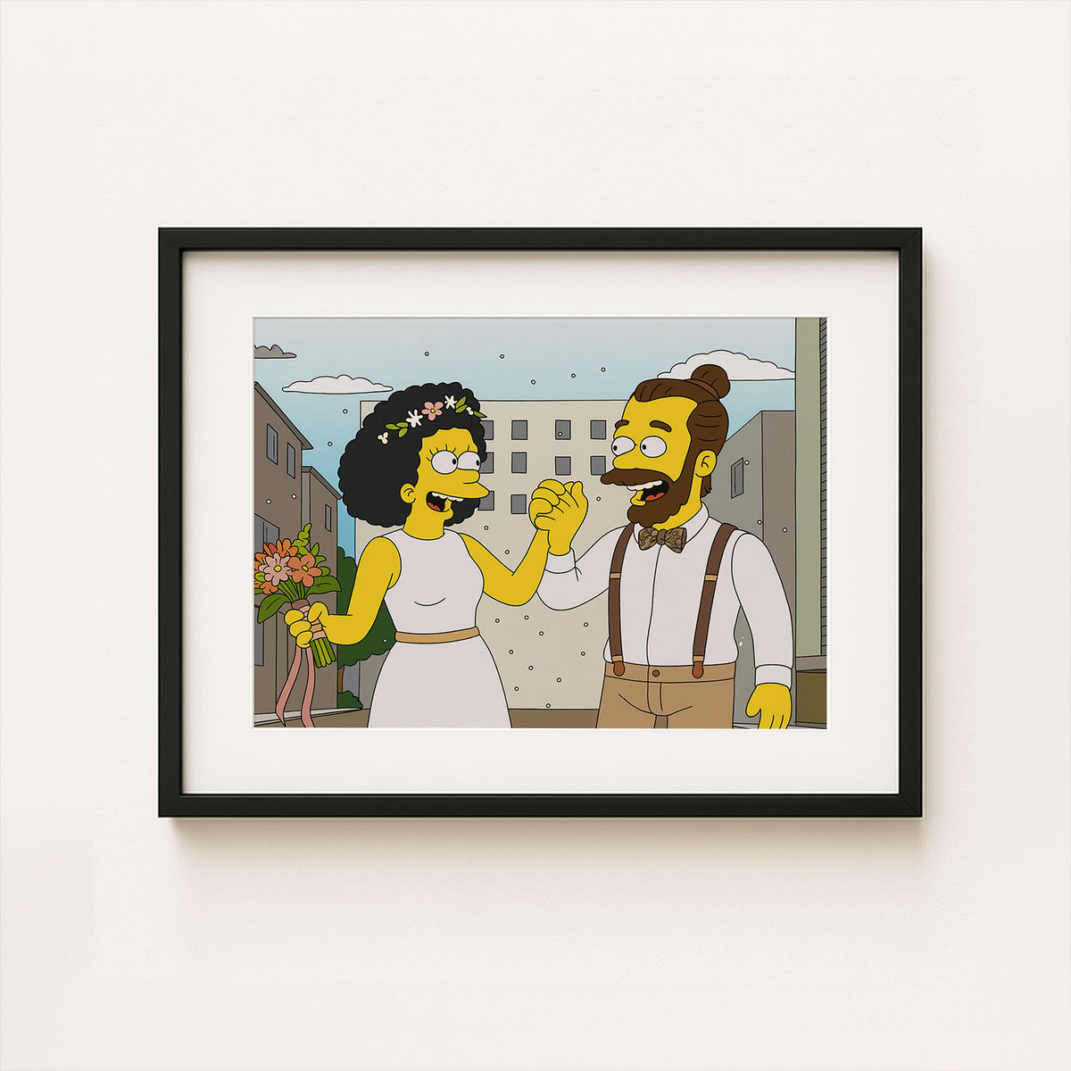 Whimsical Cartoon Wedding Art Print Featuring Cheerful Couple in Unique Animated Style
 - 6