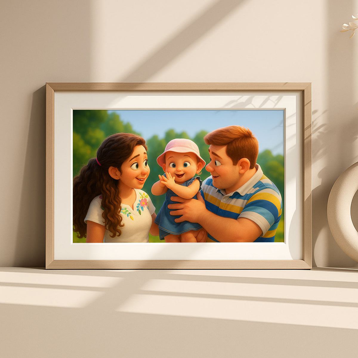 Charming Family Portrait: Heartwarming Cartoon Art of Parents with Baby in Vibrant Style for Modern Home Decor
 - 6