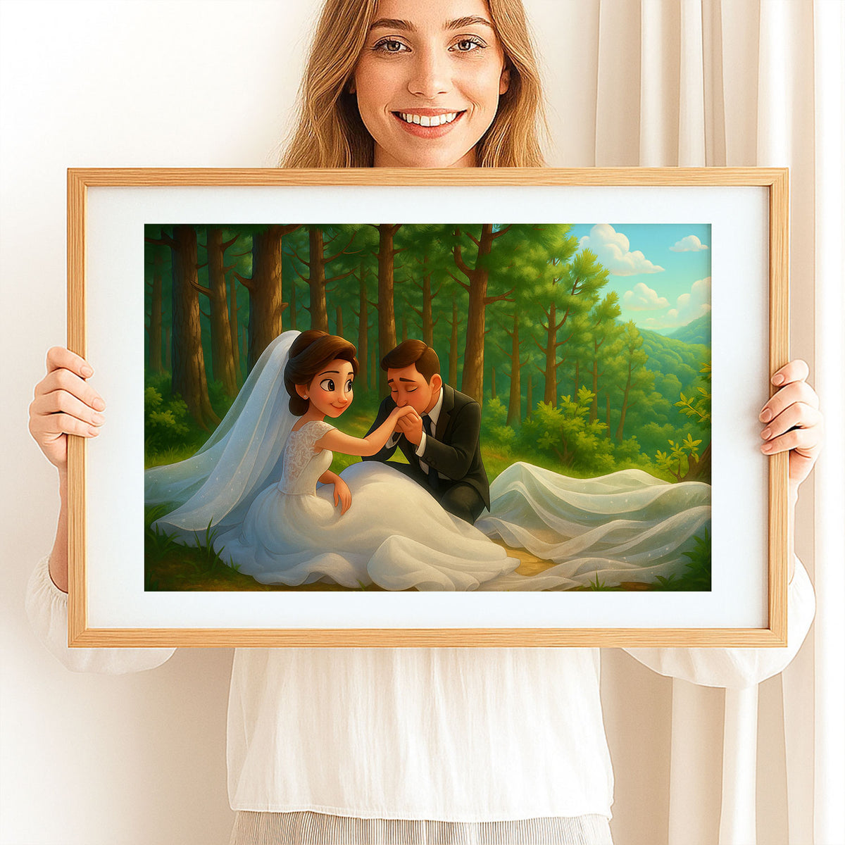 Charming Cartoon Couple Embracing in Lush Greenery – Whimsical Art for Your Home Decor
 - 6