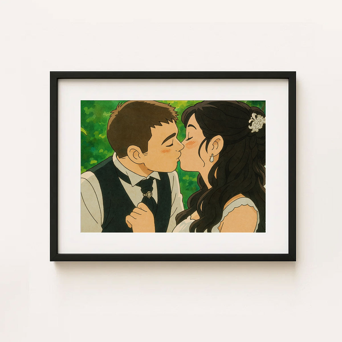 Romantic Wedding Kiss Art Print: Whimsical Couple Embrace in Soft Pastels - Perfect for Home Decor
 - 6