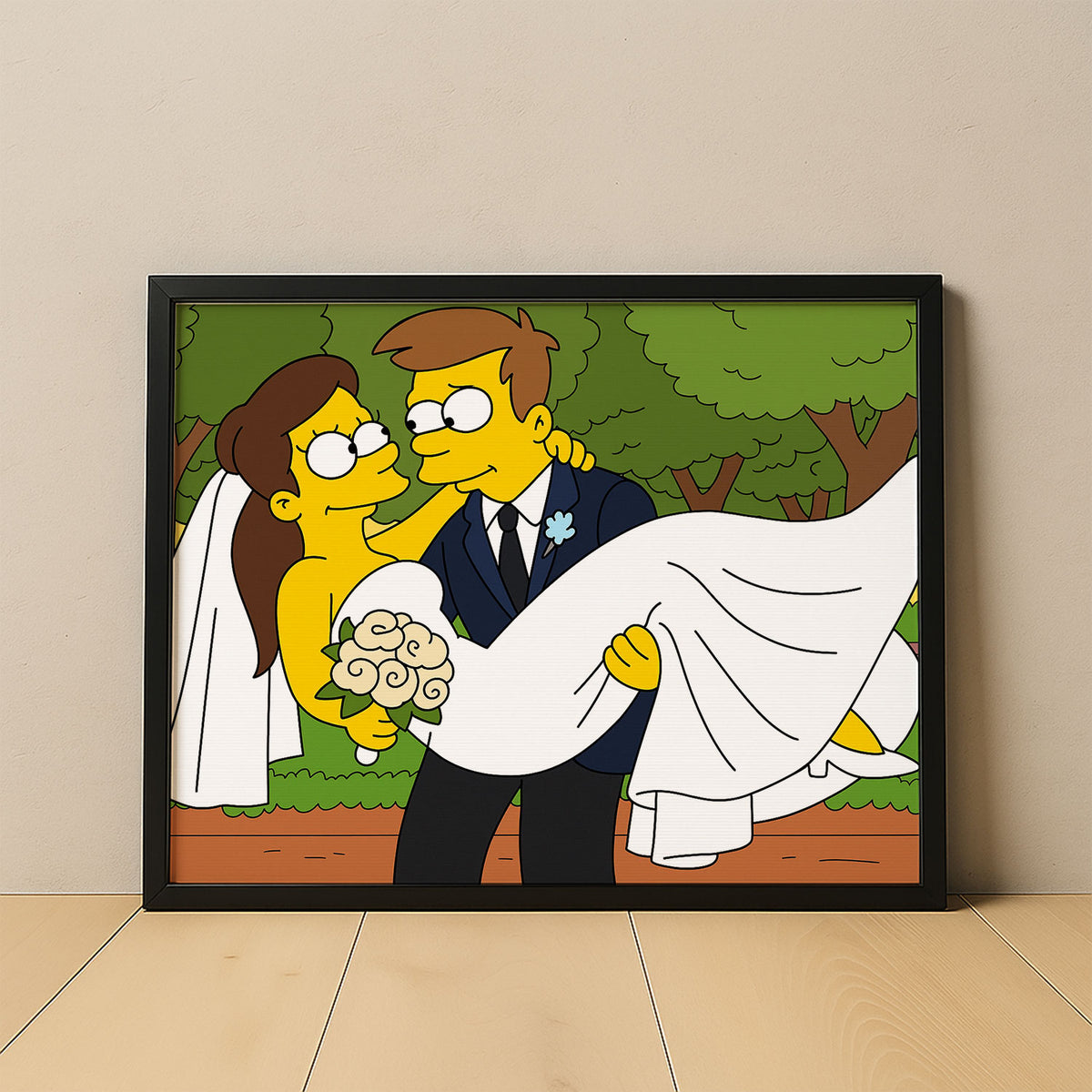 Whimsical Cartoon Wedding Art featuring Homer and Marge in Celebration - Simpsons-Inspired Marriage Scene Decor
 - 6