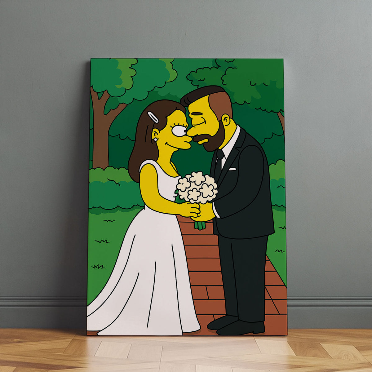 Whimsical Cartoon Wedding Kiss Art Print - Yellow Characters in a Romantic Forest Scene
 - 6