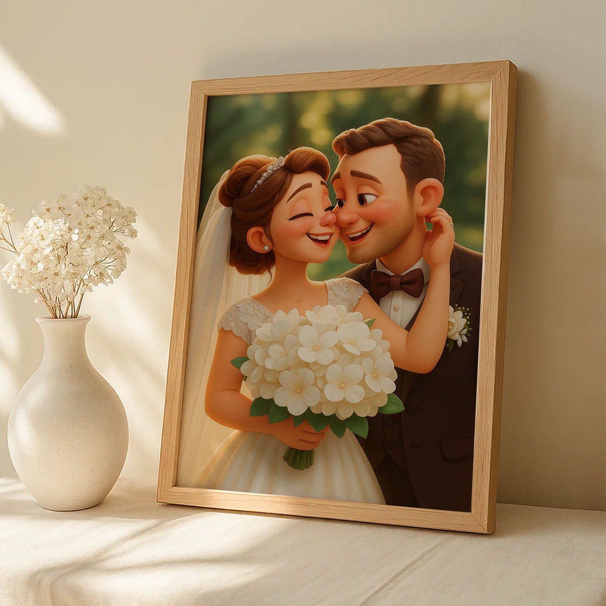 Whimsical Wedding Portrait: Enchanting Couple in Romantic Animation Style with Floral Bouquet
 - 6