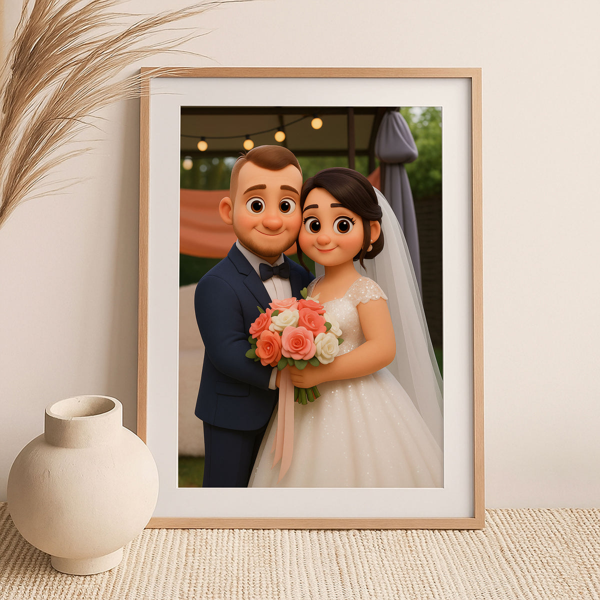 Whimsical Cartoon Wedding Portrait of Happy Couple in Nature - Perfect for Celebrating Love and Special Days
 - 6