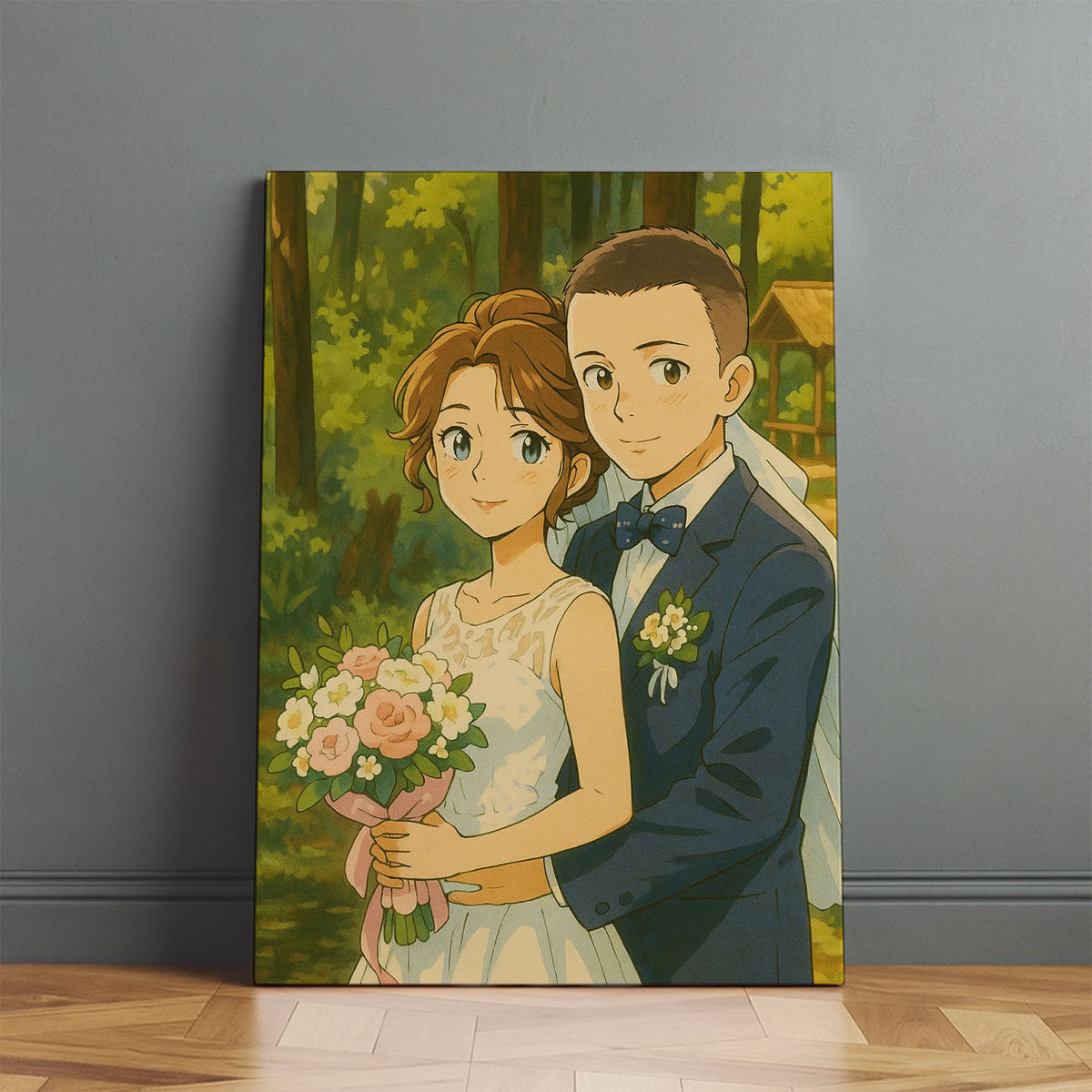 Charming Illustrated Wedding Portrait: Couple Embracing in Lush Greenery – Perfect for Home Decor and Gifts
 - 5