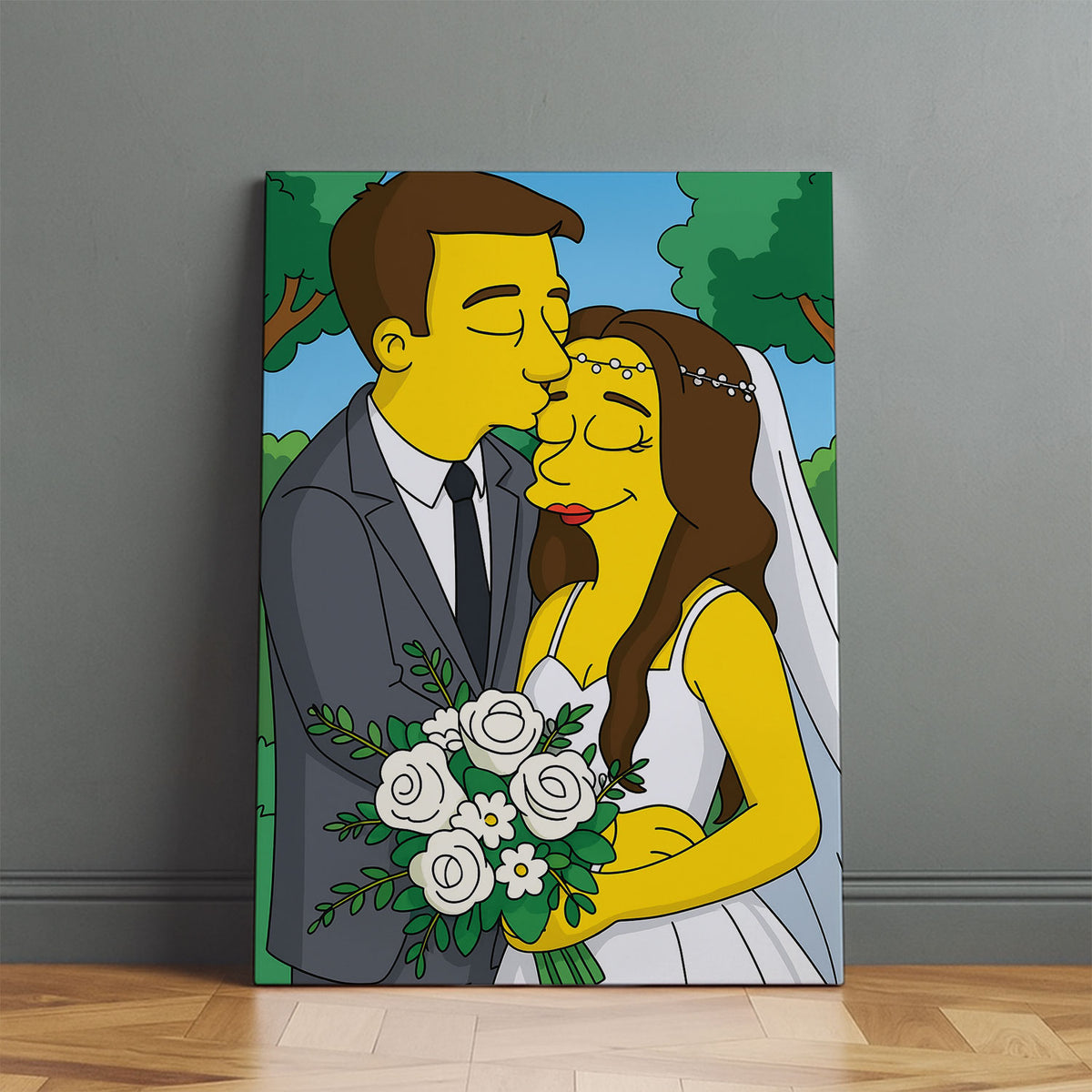 Whimsical Cartoon Wedding Art Print of Homer and Marge Simpson Kissing in Vibrant Colors
 - 6