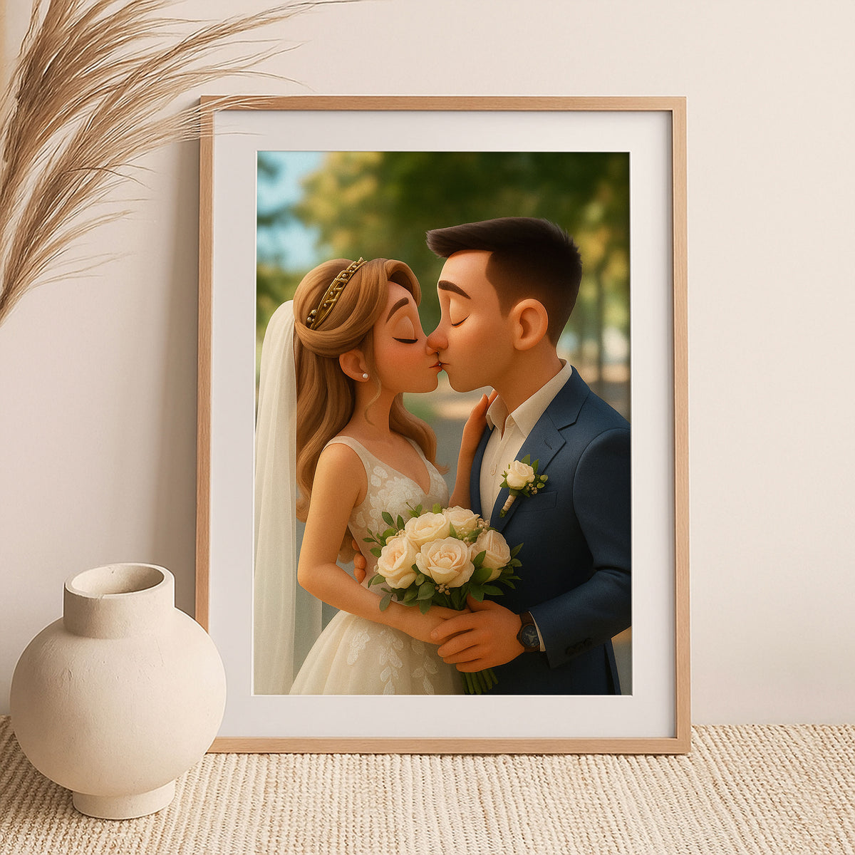 Charming Animated Wedding Art: Romantic Kissing Couple in Cartoon Style for Your Home Decor
 - 6