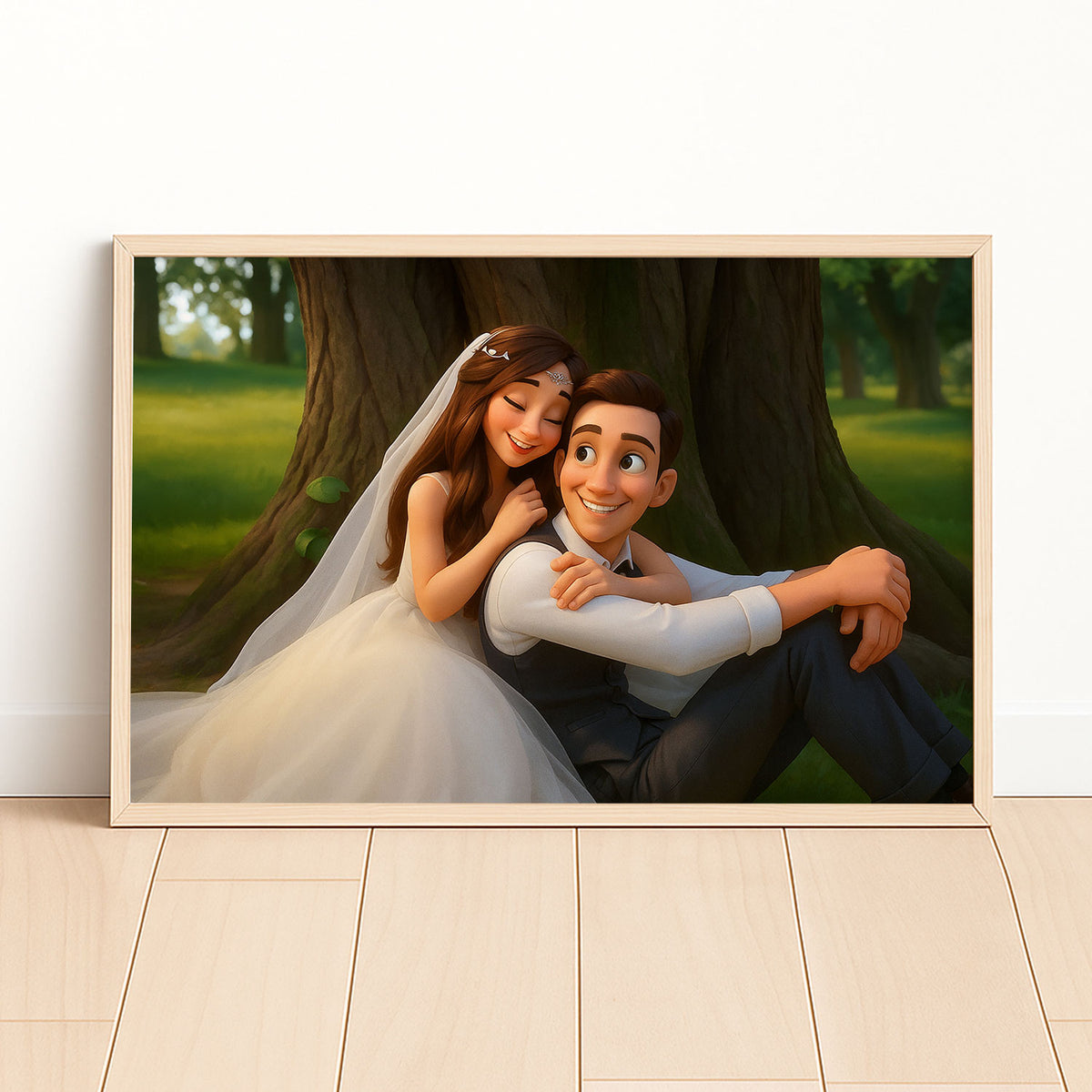 Charming Cartoon Wedding Portrait of a Bride and Groom in a Lush Forest Setting
 - 6